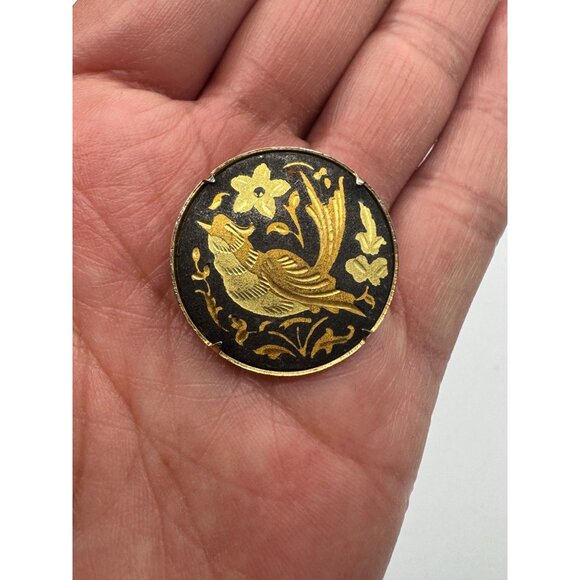Vintage Spanish Damascene Bird Metal Brooch Black/Gold Tone - Picture 2 of 5